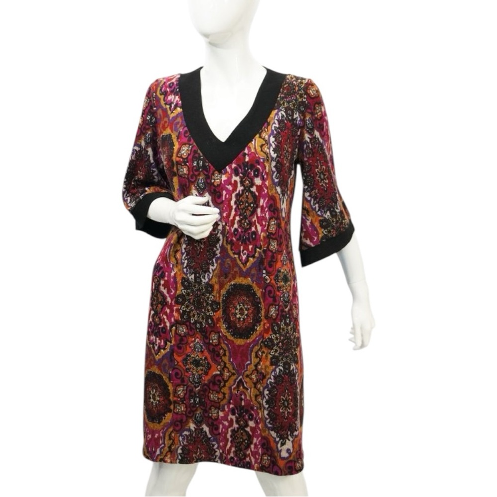 NWOT Tiana B. Boho Medallion Paisley Print Shift Midi Dress Large Retro V-Neck